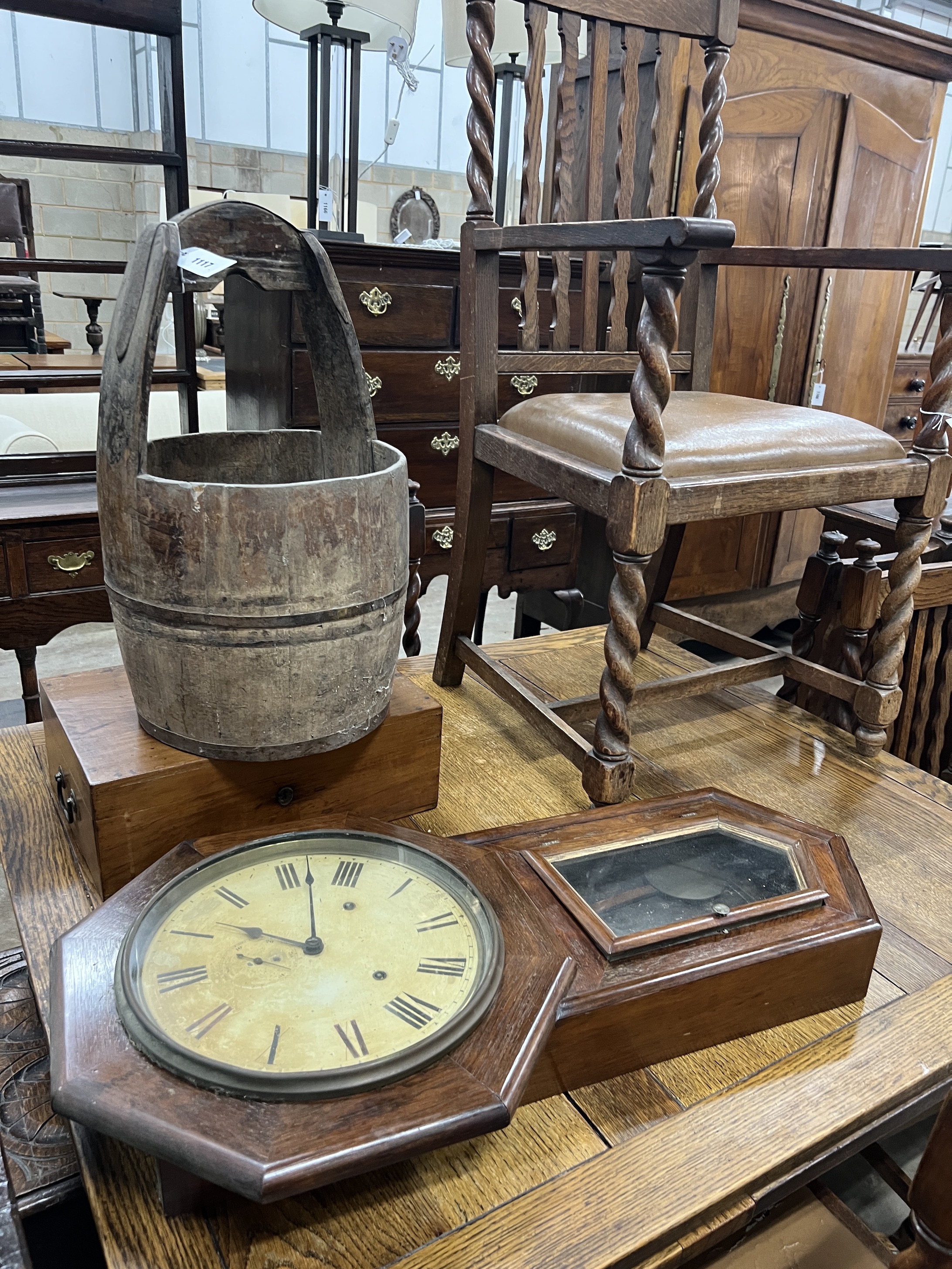 A Chinese staved wood rice bucket, height 56cm, an American drop dial wall clock and a Victorian mahogany stationary box